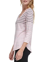 DKNY Sport by Donna Karan Stretch Stripe Jersey Knit V-Neck 3/4 Sleeve Tee