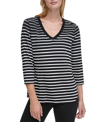 DKNY Sport by Donna Karan Stretch Stripe Jersey Knit V-Neck 3/4 Sleeve Tee