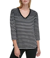 DKNY Sport by Donna Karan Stretch Stripe Jersey Knit V-Neck 3/4 Sleeve Tee