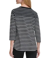 DKNY Sport by Donna Karan Stretch Stripe Jersey Knit V-Neck 3/4 Sleeve Tee