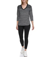 DKNY Sport by Donna Karan Stretch Stripe Jersey Knit V-Neck 3/4 Sleeve Tee