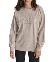 DKNY by Donna Karan Sport Varsity Satin Applique Satin Long Line Crew Neck Pullover