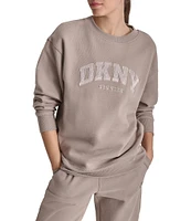 DKNY by Donna Karan Sport Varsity Satin Applique Satin Long Line Crew Neck Pullover