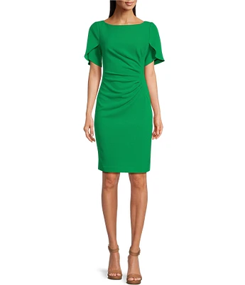 DKNY by Donna Karan Stretch Boat Neck Short Tulip Sleeve Ruched Bodice Sheath Dress