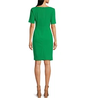 DKNY by Donna Karan Stretch Boat Neck Short Tulip Sleeve Ruched Bodice Sheath Dress