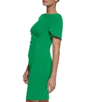 DKNY by Donna Karan Stretch Boat Neck Short Tulip Sleeve Ruched Bodice Sheath Dress