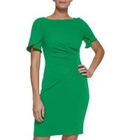 DKNY by Donna Karan Stretch Boat Neck Short Tulip Sleeve Ruched Bodice Sheath Dress