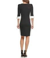 DKNY by Donna Karan Stretch Color Block Ruffle 3/4 Sleeve Sheath Dress