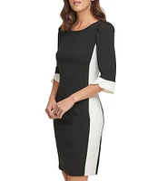 DKNY by Donna Karan Stretch Color Block Ruffle 3/4 Sleeve Sheath Dress