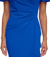 DKNY by Donna Karan Stretch Crepe Boat Neckline Short Puff Sleeve Ruched Front Sheath Dress