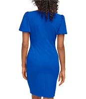 DKNY by Donna Karan Stretch Crepe Boat Neckline Short Puff Sleeve Ruched Front Sheath Dress