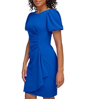 DKNY by Donna Karan Stretch Crepe Boat Neckline Short Puff Sleeve Ruched Front Sheath Dress