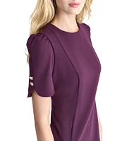 DKNY by Donna Karan Stretch Crepe Round Neckline Short Button Sleeve Sheath Dress