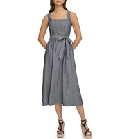 DKNY by Donna Karan Stretch Denim Chambray Square Neck Sleeveless Fit and Flare Midi Dress