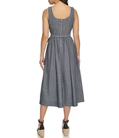 DKNY by Donna Karan Stretch Denim Chambray Square Neck Sleeveless Fit and Flare Midi Dress