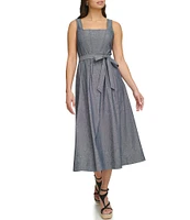 DKNY by Donna Karan Stretch Denim Chambray Square Neck Sleeveless Fit and Flare Midi Dress