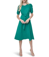 DKNY by Donna Karan Stretch Crew Neck Short Ruched Sleeve Fit and Flare Midi Dress