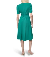 DKNY by Donna Karan Stretch Crew Neck Short Ruched Sleeve Fit and Flare Midi Dress