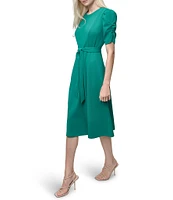 DKNY by Donna Karan Stretch Crew Neck Short Ruched Sleeve Fit and Flare Midi Dress