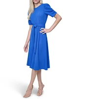 DKNY by Donna Karan Stretch Crew Neck Short Ruched Sleeve Fit and Flare Midi Dress