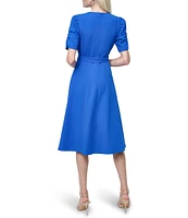DKNY by Donna Karan Stretch Crew Neck Short Ruched Sleeve Fit and Flare Midi Dress