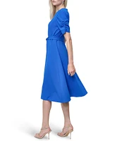 DKNY by Donna Karan Stretch Crew Neck Short Ruched Sleeve Fit and Flare Midi Dress