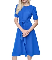DKNY by Donna Karan Stretch Crew Neck Short Ruched Sleeve Fit and Flare Midi Dress