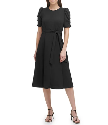 DKNY by Donna Karan Stretch Crew Neck Short Ruched Sleeve Fit and Flare Midi Dress