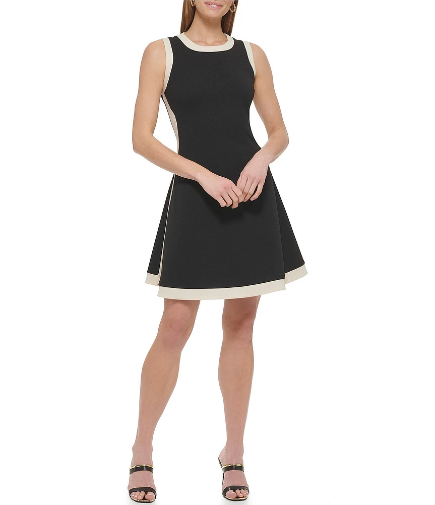 DKNY by Donna Karan Stretch Crew Neck Sleeveless Contrasting Trim Fit and Flare Dress