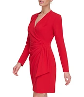 DKNY by Donna Karan Stretch Surplice V Neckline Long Sleeve Side Ruched Sheath Dress