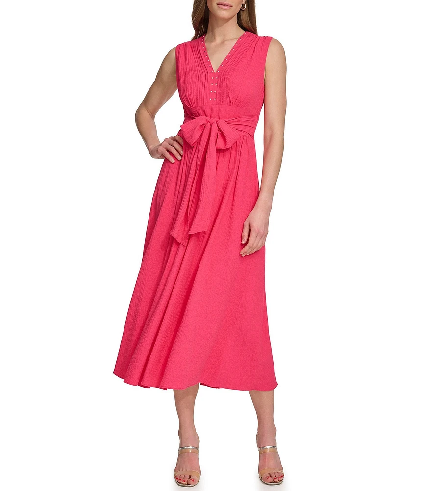 DKNY by Donna Karan Studded V-Neck Sleeveless Tie Belt Midi Dress