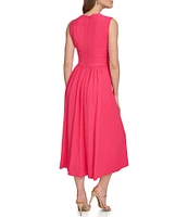 DKNY by Donna Karan Studded V-Neck Sleeveless Tie Belt Midi Dress