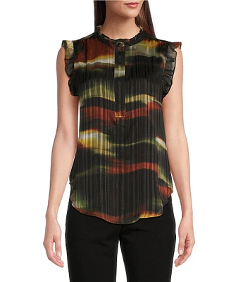 DKNY by Donna Karan Sueded Satin Ruffle Trim Mock Neck Sleeveless Top