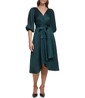 DKNY by Donna Karan Surplice V-Neck Elbow Balloon Sleeve Wrap Tie Waist Tulip Hem Midi Dress