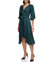 DKNY by Donna Karan Surplice V-Neck Elbow Balloon Sleeve Wrap Tie Waist Tulip Hem Midi Dress