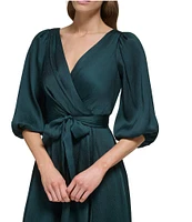 DKNY by Donna Karan Surplice V-Neck Elbow Balloon Sleeve Wrap Tie Waist Tulip Hem Midi Dress