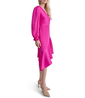 DKNY by Donna Karan Surplice V-Neck Long Balloon Sleeve Asymmetrical Hem Faux Wrap Dress