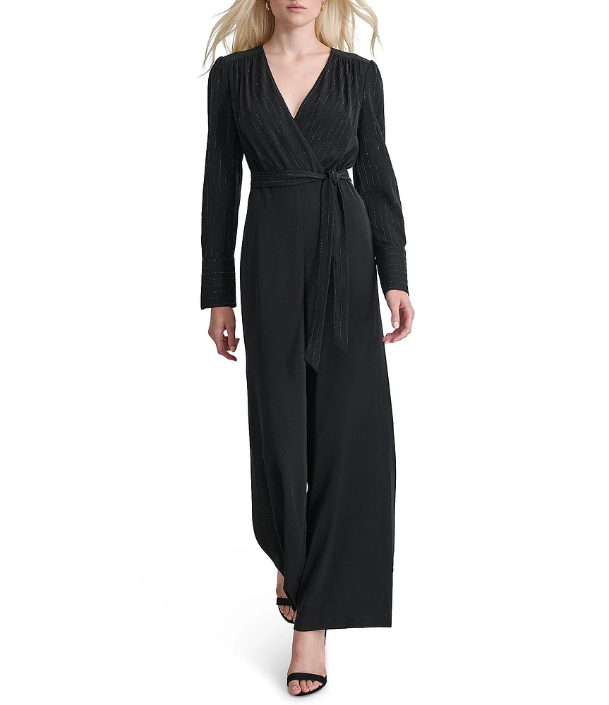 DKNY by Donna Karan Surplice V-Neck Long Sleeve Tie Front Wide Leg Jumpsuit