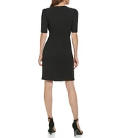 DKNY by Donna Karan Surplice V-Neck Short Puffed Sleeve Twisted Waist Stretch Faux Wrap Dress