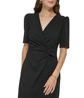 DKNY by Donna Karan Surplice V-Neck Short Puffed Sleeve Twisted Waist Stretch Faux Wrap Dress