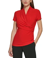 DKNY by Donna Karan Surplice V-Neck Side Ruched Short Sleeve Top