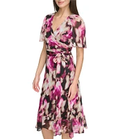 DKNY by Donna Karan Surplice V-Neck Short Flutter Sleeve Faux Wrap Midi Dress