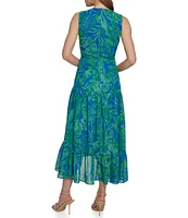 DKNY by Donna Karan Tropical Printed Chiffon V-Neck Sleeveless High Low Ruffle Hem Midi Dress