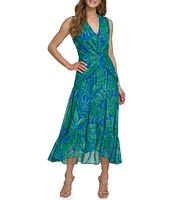 DKNY by Donna Karan Tropical Printed Chiffon V-Neck Sleeveless High Low Ruffle Hem Midi Dress