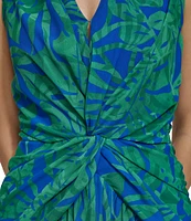 DKNY by Donna Karan Tropical Printed Chiffon V-Neck Sleeveless High Low Ruffle Hem Midi Dress