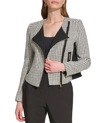 DKNY by Donna Karan Tweed Houndstooth Crew Neck Long Sleeve Zip Front Moto Jacket