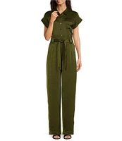 DKNY by Donna Karan Utility Glazed Point Collar Short Sleeve Button Front Jumpsuit