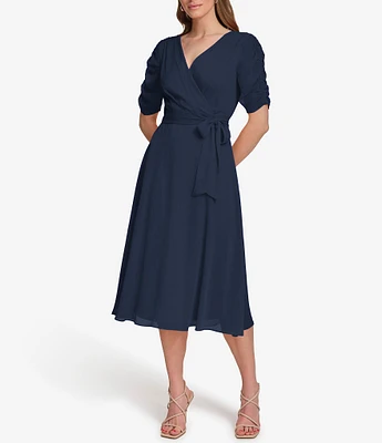 DKNY by Donna Karan V-Neck Ruched Sleeve Chiffon Faux Wrap Midi Dress