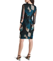 DKNY by Donna Karan Watercolor Print Mesh Sheath Round Neck Mesh Long Sleeve Ruched Bodice Dress