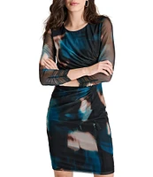 DKNY by Donna Karan Watercolor Print Mesh Sheath Round Neck Mesh Long Sleeve Ruched Bodice Dress